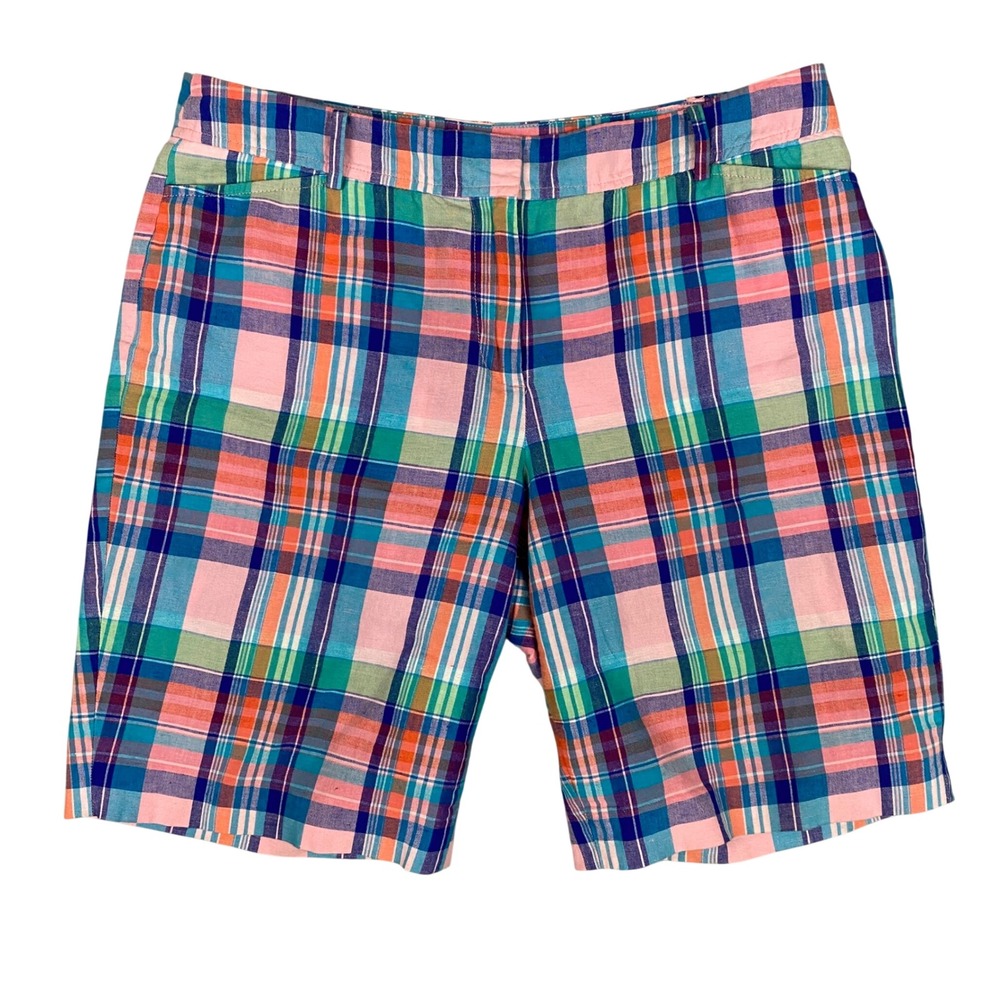 Talbots Womens Perfect Short Bermuda Pink Blue Plaid Linen Cotton Blend Size 10